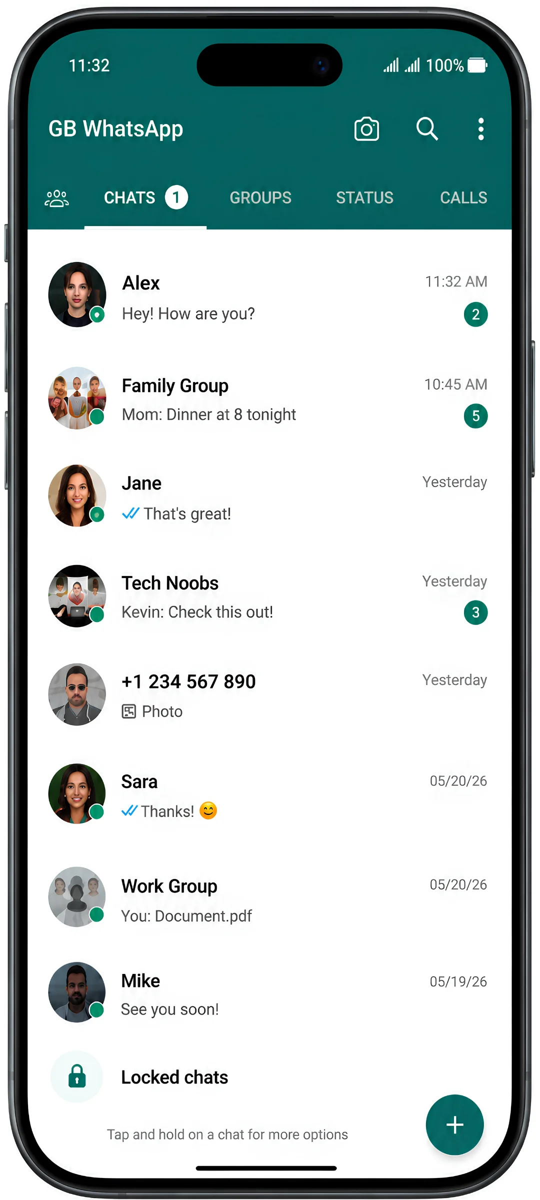 GB WhatsApp home chat list screen