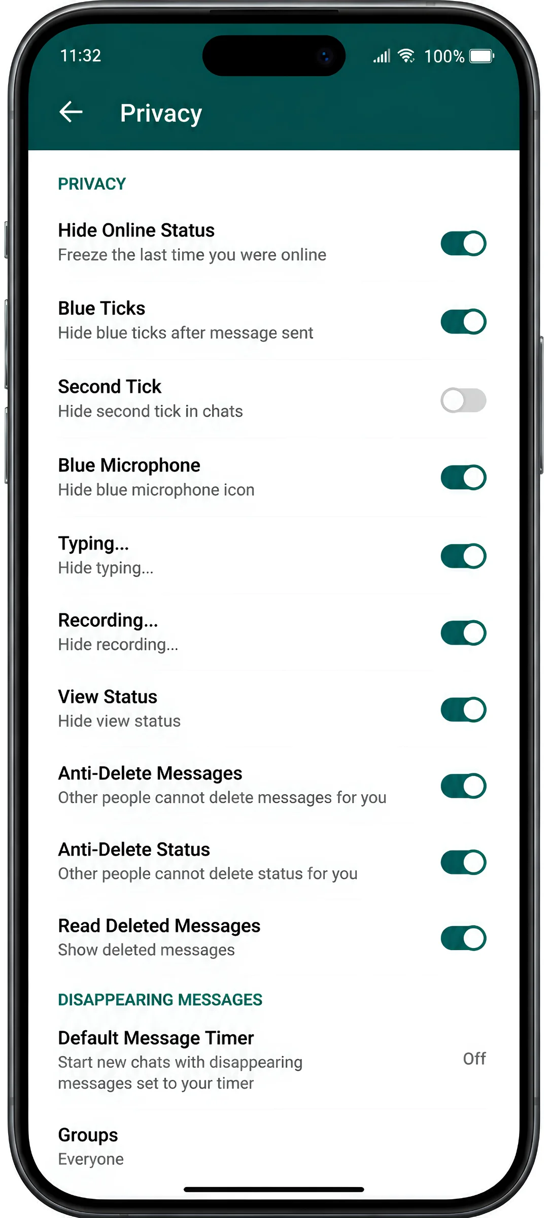 GB WhatsApp privacy settings screen