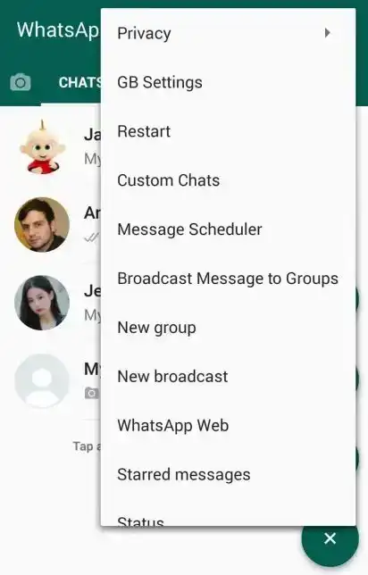 GB WhatsApp privacy and settings menu screenshot