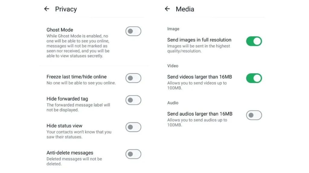 GB WhatsApp Lite Ghost Mode and File Send Limit Features